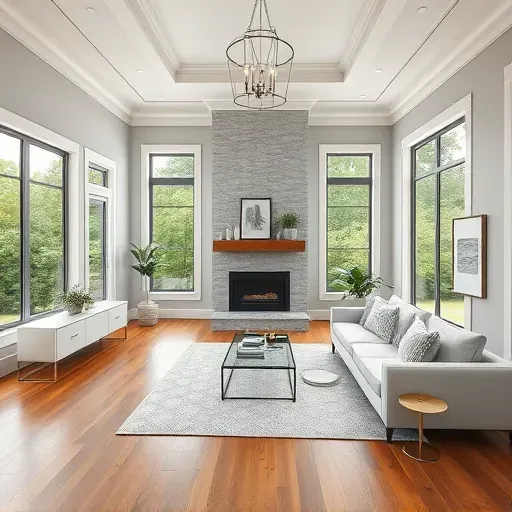 Tastefully renovated living room in Georgetown KY featuring high ceilings, elegant decor, large windows, and a striking fireplace.