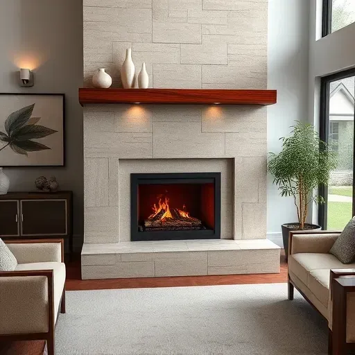 Beautiful modern fireplace with natural stone and polished wood accents in a cozy Lawrenceburg living room