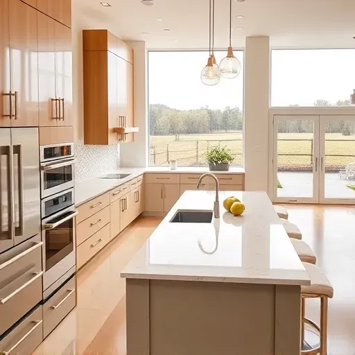 Remodeled kitchen in Lawrenceburg KY with minimalist cabinetry, marble countertops, stainless steel appliances, and natural light.