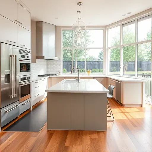 Recently remodeled Georgetown KY kitchen with modern matte cabinetry, stainless steel appliances, quartz countertops, subway tile backsplash, central island with pendant lights, hardwood flooring, and large windows overlooking a garden