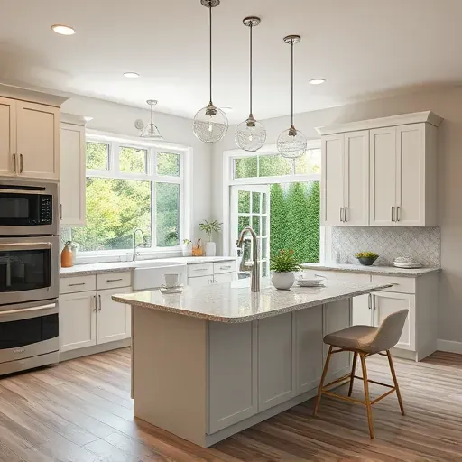 Recently remodeled Perryville Kentucky kitchen with sleek cabinets, stainless steel appliances, granite island, pendant lights, and lush backyard views