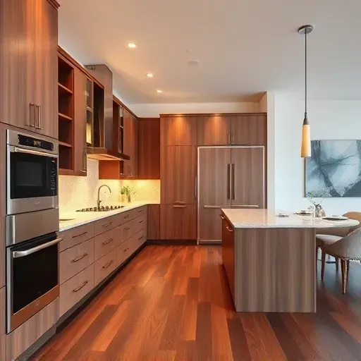 Modern kitchen remodel in Waddy KY, featuring sleek appliances, granite countertops, walnut cabinetry, and warm lighting.
