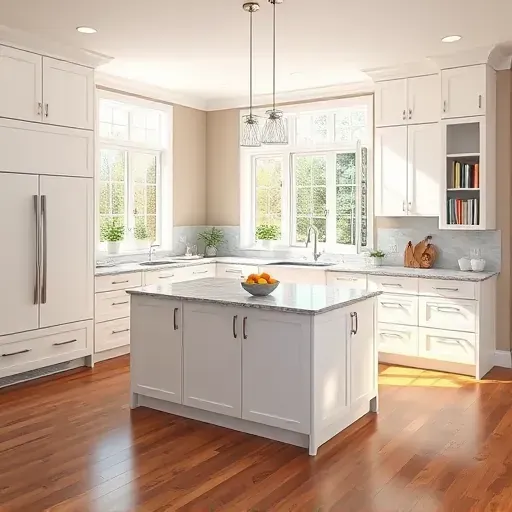 Modern kitchen remodel in Perryville KY with sleek white cabinetry, marble countertops, and bright natural light.