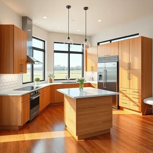 Modern kitchen remodel in Lancaster Kentucky with natural wood cabinets quartz countertops island stainless steel appliances hardwood floors and scenic rural views