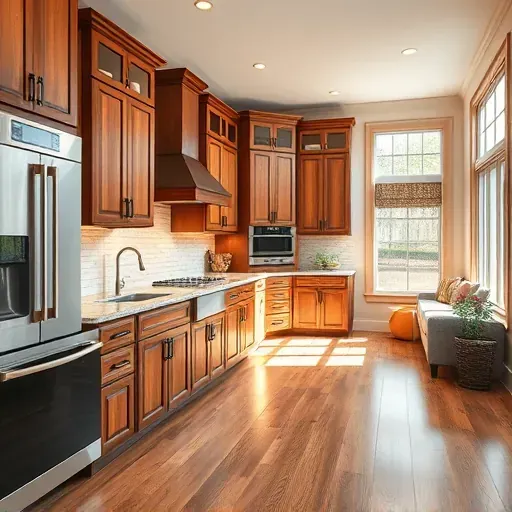 Renovated Lebanon KY kitchen with stainless steel appliances, stone island, custom wooden cabinets, and natural light