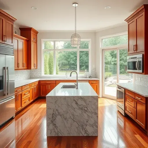 Beautiful renovated Frankfort KY kitchen with granite countertops stainless steel appliances custom wood cabinets island pendant lights hardwood flooring lush backyard