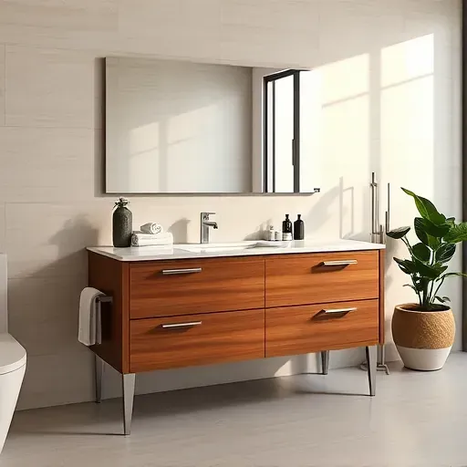 Modern bathroom vanity in Lawrenceburg KY with wooden and marble surfaces, brushed nickel fixtures, greenery, and stylish tiles