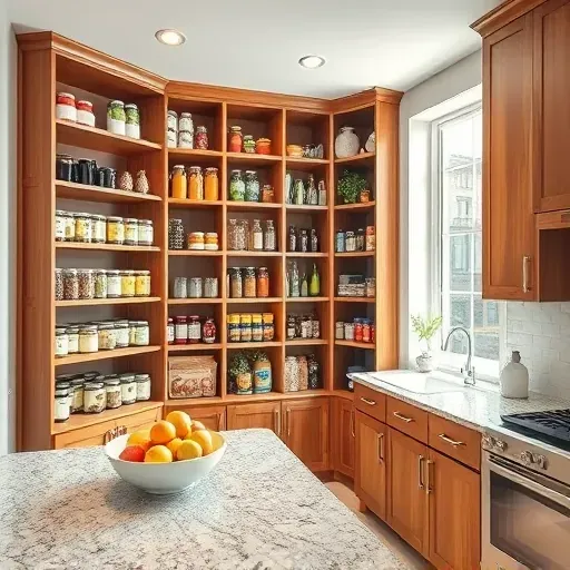Perfectly organized pantry with wooden shelves, labeled jars, a granite countertop, potted herbs, bright natural light, and modern kitchen background