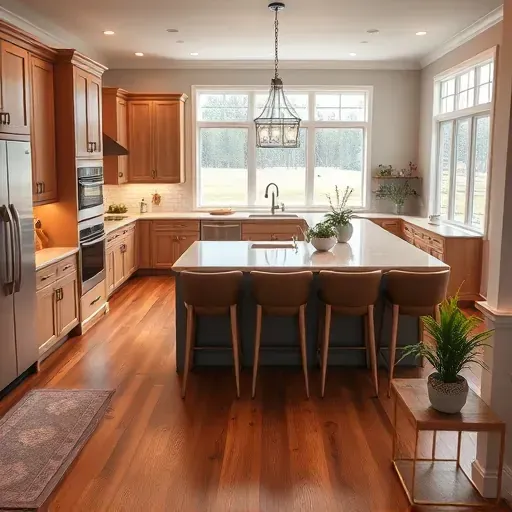 Spacious modern kitchen in Lancaster KY with elegant cabinetry, quartz island, ambient lighting, and natural views.