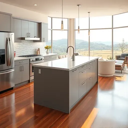 Modern kitchen in Lawrenceburg KY with sleek neutral cabinetry, quartz island, stainless appliances, textured backsplash, hardwood floors, and panoramic windows