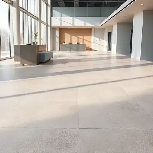 Flawlessly completed large format tile installation in a modern commercial space with neutral gray and beige tiles and sleek minimalist decor