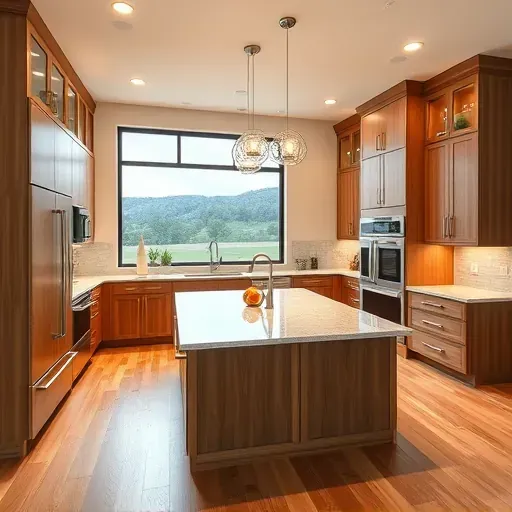 Finished modern kitchen in Eminence KY with sleek wood cabinets granite island stainless appliances large windows hardwood floors and stylish lighting