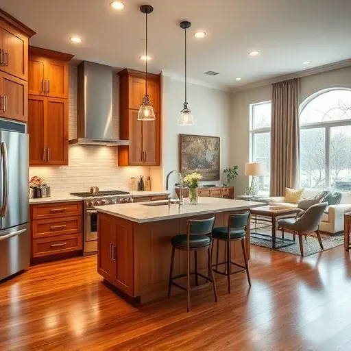 Elegant remodeled kitchen in Hustonville KY with oak cabinetry, quartz countertop, stainless steel appliances and open floor plan.