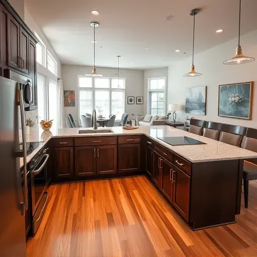 Modern kitchen remodel in Stamping Ground KY features dark wood cabinets, granite countertops, and polished hardwood floors.