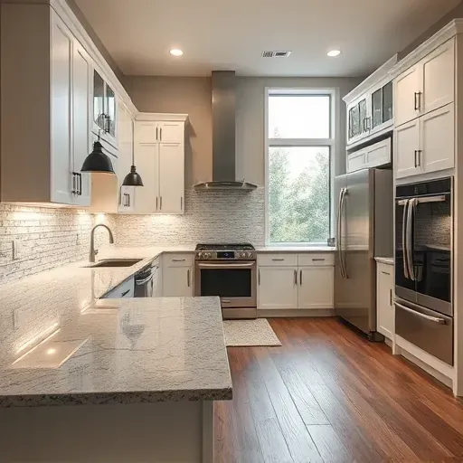 Completed modern kitchen remodel in Sadieville KY with granite countertops stainless steel appliances wood island and natural light