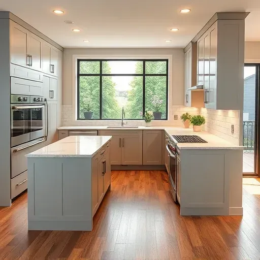 Modern kitchen in Chaplin KY with sleek cabinetry quartz island stainless steel appliances hardwood floors and natural light