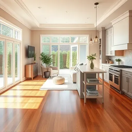 Modern open-concept living space in Wilmore KY, featuring hardwood floors, marble kitchen, and natural light.