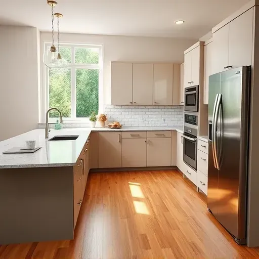 Modern renovated kitchen in Lawrenceburg KY with sleek matte cabinets, granite countertops, subway tiles, stainless steel appliances, hardwood floors, and sunlight.