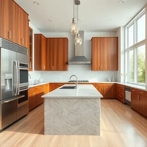 Recently remodeled modern kitchen in Hustonville KY with wood cabinetry stainless steel appliances granite countertops subway tile backsplash hardwood floors and large windows