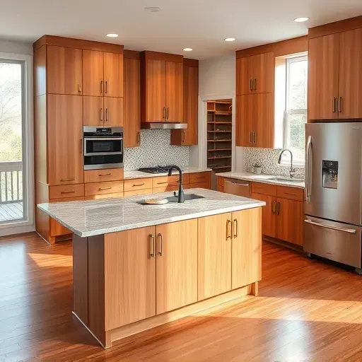 Recently renovated Wilmore KY kitchen with modern wood cabinetry, granite island, stainless steel appliances, natural light, and elegant tile backsplash