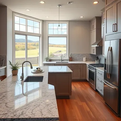 Modern renovated kitchen in Baghdad Kentucky with granite countertops, custom cabinetry, stainless steel appliances and rural landscape view