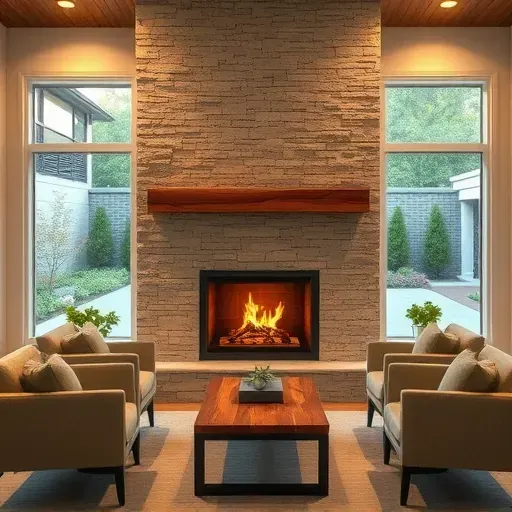Beautiful rustic modern fireplace with natural stone, reclaimed wood mantel, minimalist decor, and outdoor garden view in Kentucky