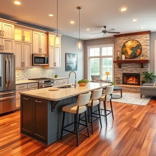 Modern kitchen remodel in Taylorsville, KY featuring high-end appliances, elegant bar stools, and cozy living area.