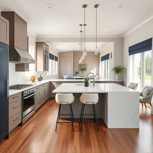 Modern kitchen remodel in Finchville KY with custom cabinetry, quartz countertops, and hardwood flooring, inviting bright ambiance.