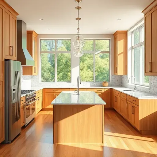 Remodeled Danville KY kitchen with granite counters stainless steel appliances maple cabinets quartz island hardwood flooring and lush outdoor view