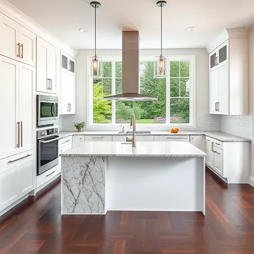 Modern remodeled kitchen in Owenton KY with white cabinetry, granite island, stainless steel appliances, subway tile backsplash, hardwood floors, and large windows revealing a lush garden