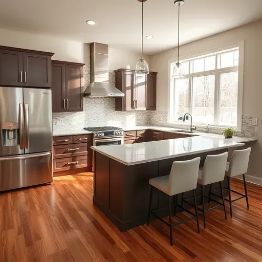 Modern Georgetown KY kitchen with quartz countertops, stainless steel appliances, and spacious island with bar stools