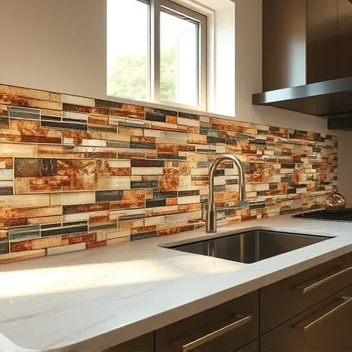 Freshly installed mosaic backsplash in Lawrenceburg KY kitchen with glossy earthy tiles, metallic accents, and sleek modern surroundings