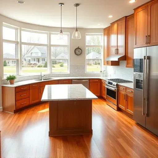 Remodeled modern kitchen in Chaplin KY with granite countertops stainless steel appliances custom wood cabinets large island pendant lighting hardwood floors and natural light