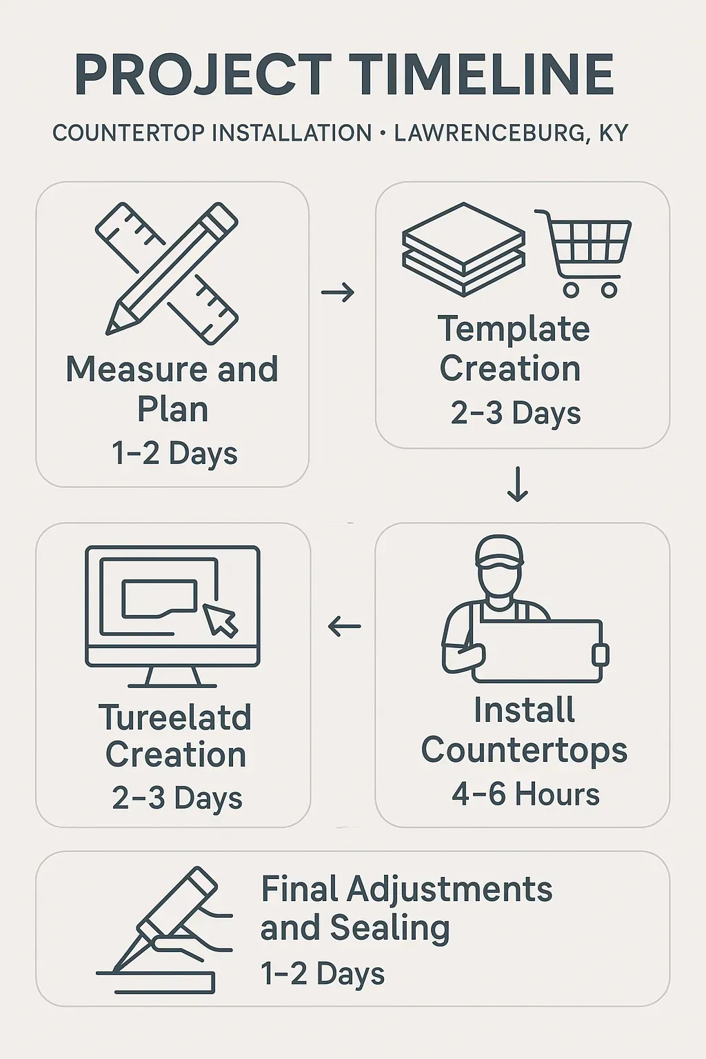 Infographic illustrating the five-step timeline for countertop installation in Lawrenceburg KY. Clear and professional design.