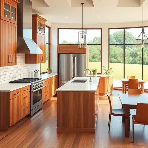 Remodeled Springfield KY kitchen with quartz countertops, wooden cabinetry, stainless appliances, hardwood floors, and large windows