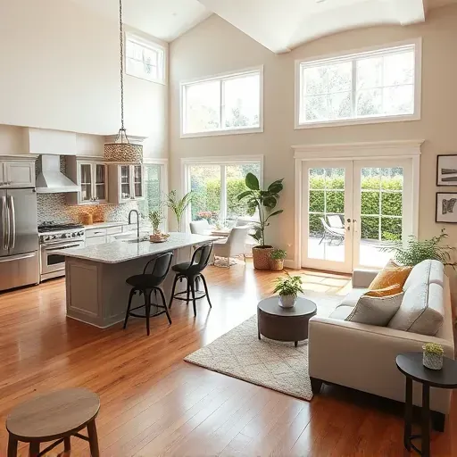 Elegant Midway KY living space features an open-concept design, high ceilings, hardwood floors, and modern kitchen appliances.