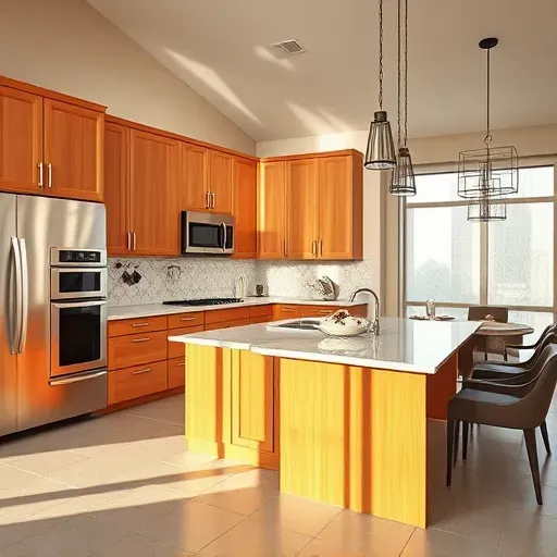 Remodeled kitchen in Baghdad KY with modern cabinetry, granite island, stainless steel appliances, and cozy dining area.