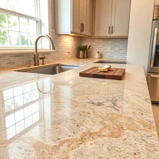 Polished granite kitchen countertop with intricate veining in earthy tones, modern fixtures, backsplash, and neutral cabinetry