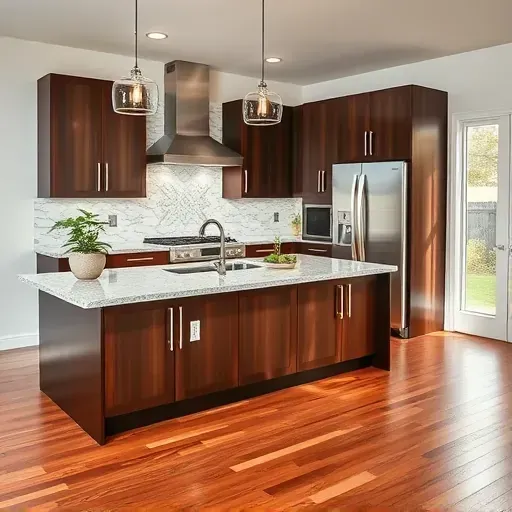 Modern kitchen remodel in Harrodsburg KY with espresso cabinetry, granite island, stainless appliances, and natural lighting.