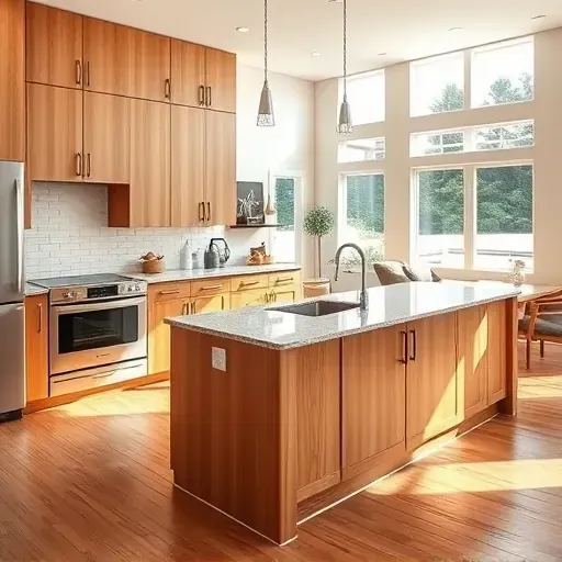 Modern remodeled kitchen in Versailles KY with natural wood cabinets granite countertops a central island stainless steel appliances subway tile backsplash hardwood flooring and large windows illuminating the space