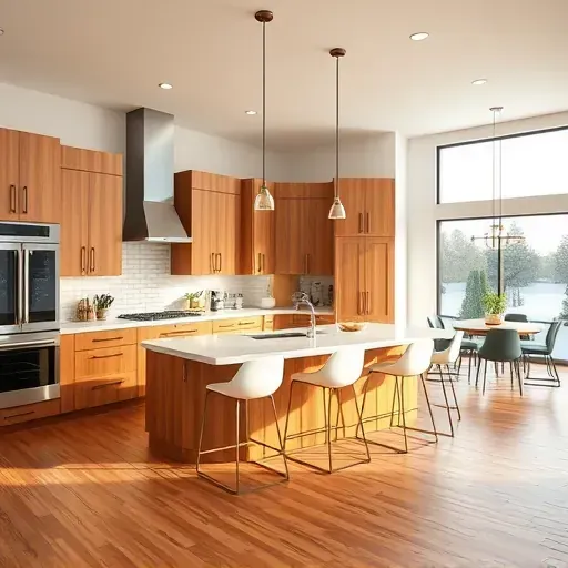 Modern kitchen remodel in Lawrenceburg KY with quartz countertops, custom cabinetry, and natural light from a large window.