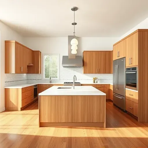 Beautiful renovated modern kitchen in Owenton KY with warm wood cabinets quartz countertops stainless appliances large island pendant lighting textured subway tiles hardwood floors bright natural light