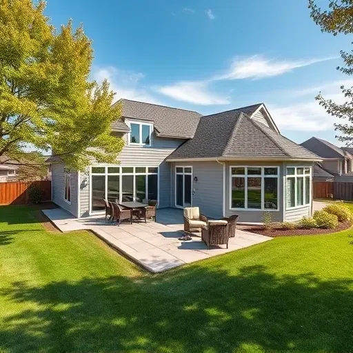 Completed modern home addition in Lawrenceburg KY with sleek siding large windows landscaped backyard and contemporary outdoor furniture
