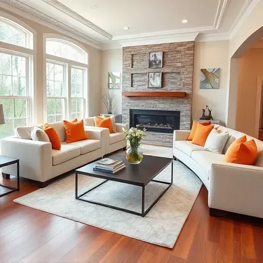 Modern living room in Versailles KY featuring hardwood floors, elegant furniture, large windows, and a cozy fireplace.