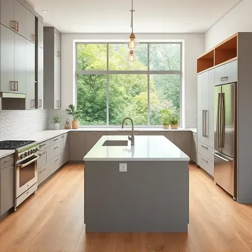 Renovated Frankfort KY kitchen with gray cabinets wooden accents quartz countertops stainless steel appliances island pendant lighting subway tile hardwood floors