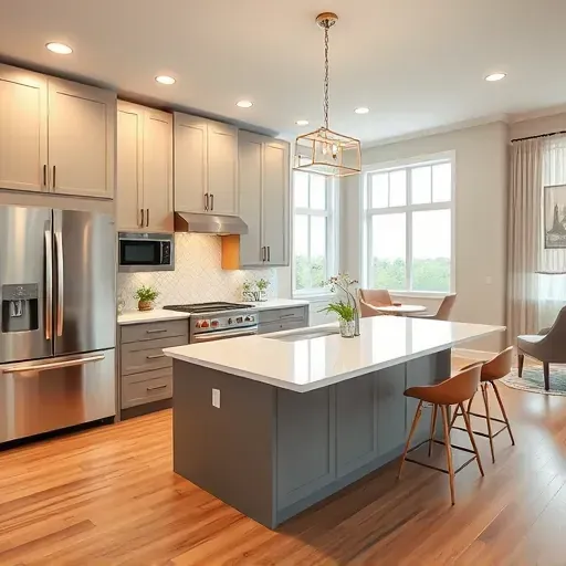 Recently renovated Glensboro KY kitchen with modern matte cabinetry, quartz island, stainless steel appliances, geometric backsplash, hardwood flooring, large window, and stylish decor