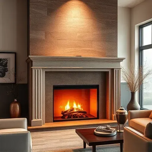 Modern living room with a sleek stone fireplace, warm lighting, decorative vases, artwork, plush seating, and large windows