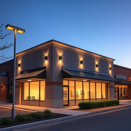Completed commercial lighting installation in Lawrenceburg Kentucky with energy-efficient LED lights illuminating a modern building at twilight