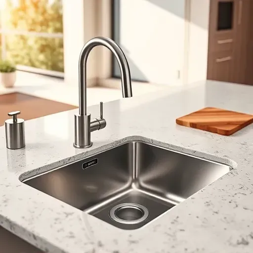 Freshly installed modern stainless steel kitchen sink with brushed nickel faucet and granite countertop in Lawrenceburg KY