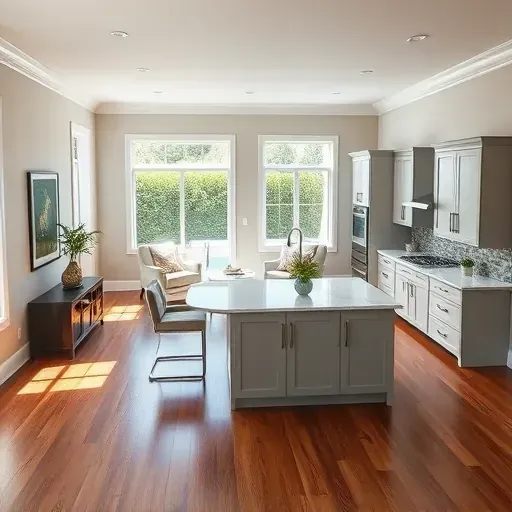 Beautifully remodeled living space in Shelbyville KY with natural light, sleek hardwood floors, and modern kitchen design.